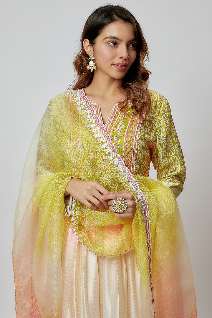 Multi-Colored Silk Floral Printed & Hand Embroidered Wedding Anarkali Set by Prisha's at Pernia's Pop Up Shop