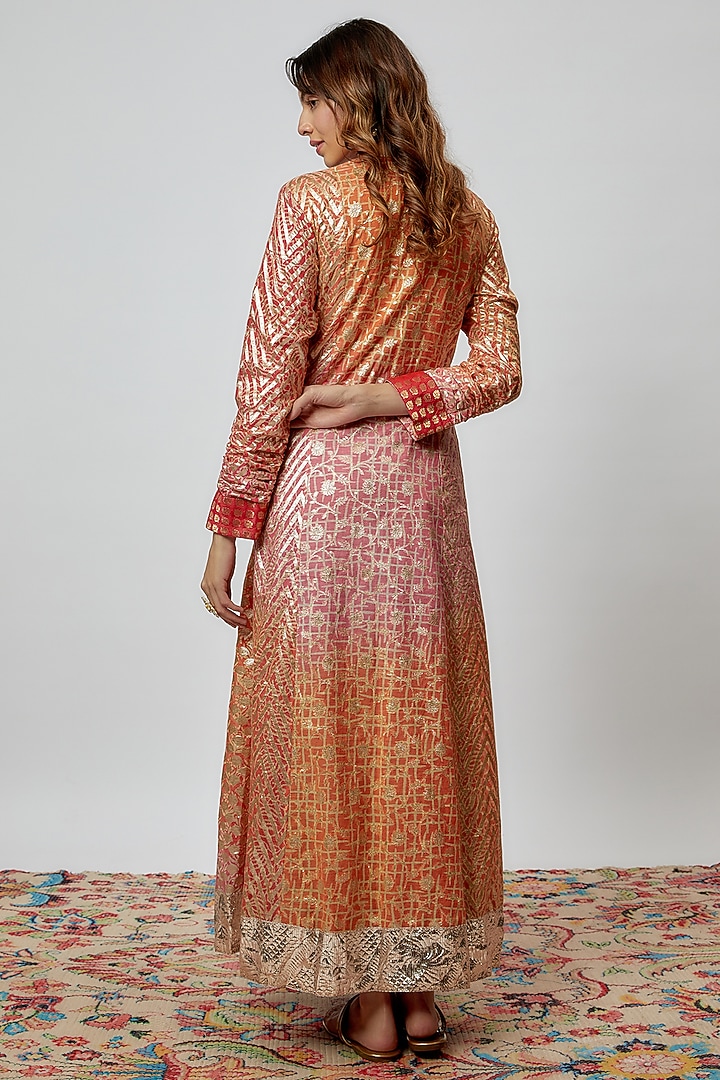 Coral Silk Floral Geometric Printed & Cutdana Embroidered Kurta Set by Prisha's at Pernia's Pop Up Shop