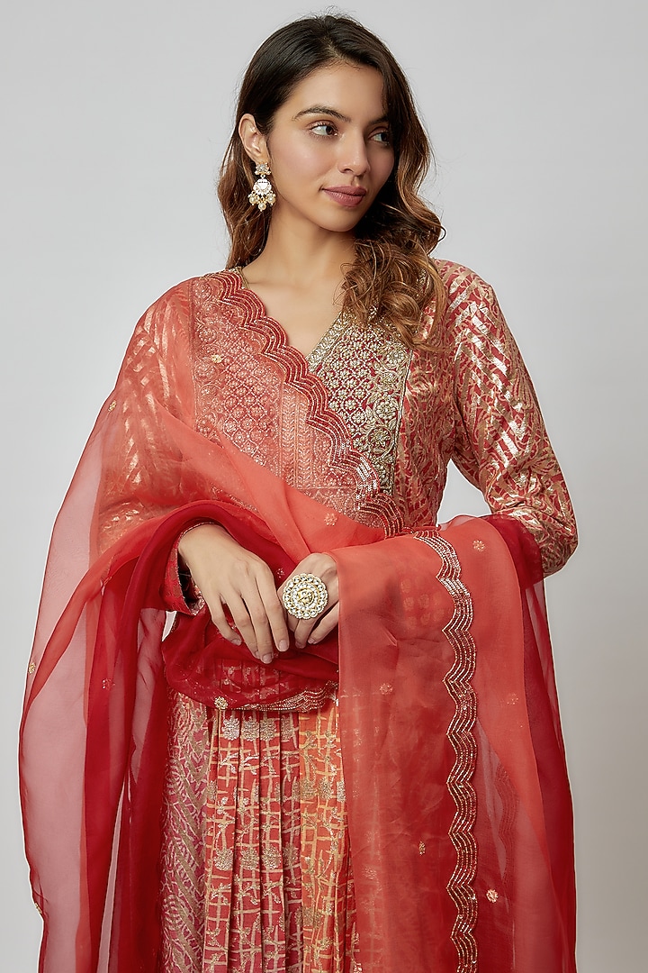 Coral Silk Floral Geometric Printed & Cutdana Embroidered Kurta Set by Prisha's at Pernia's Pop Up Shop