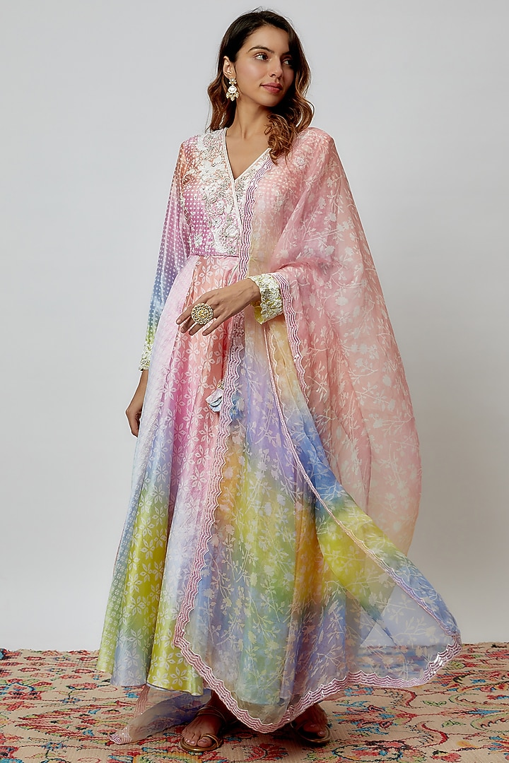 Multi-Colored Silk Floral Geometric Printed & Cutdana Embroidered Kurta Set by Prisha's at Pernia's Pop Up Shop