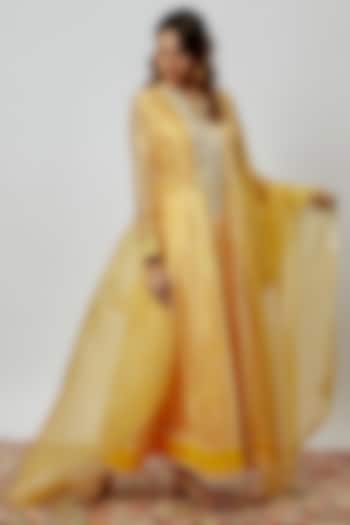 Yellow Silk Floral Printed & Cutdana Embroidered Kurta Set by Prisha's at Pernia's Pop Up Shop