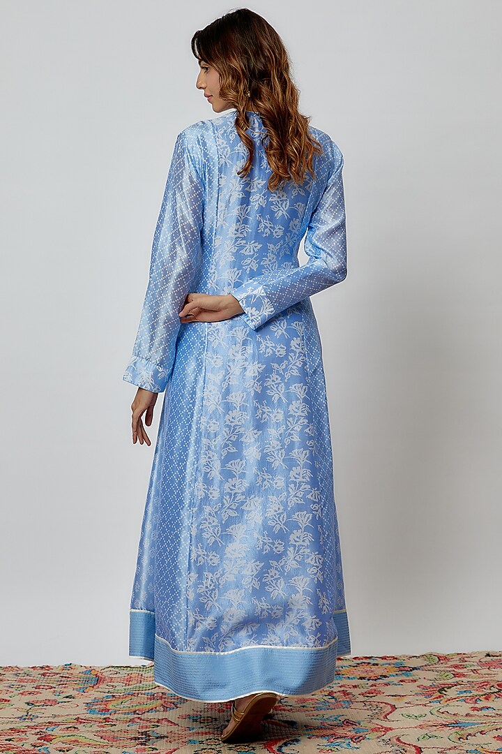Blue Silk Floral Printed & Cutdana Embroidered Kurta Set by Prisha's at Pernia's Pop Up Shop
