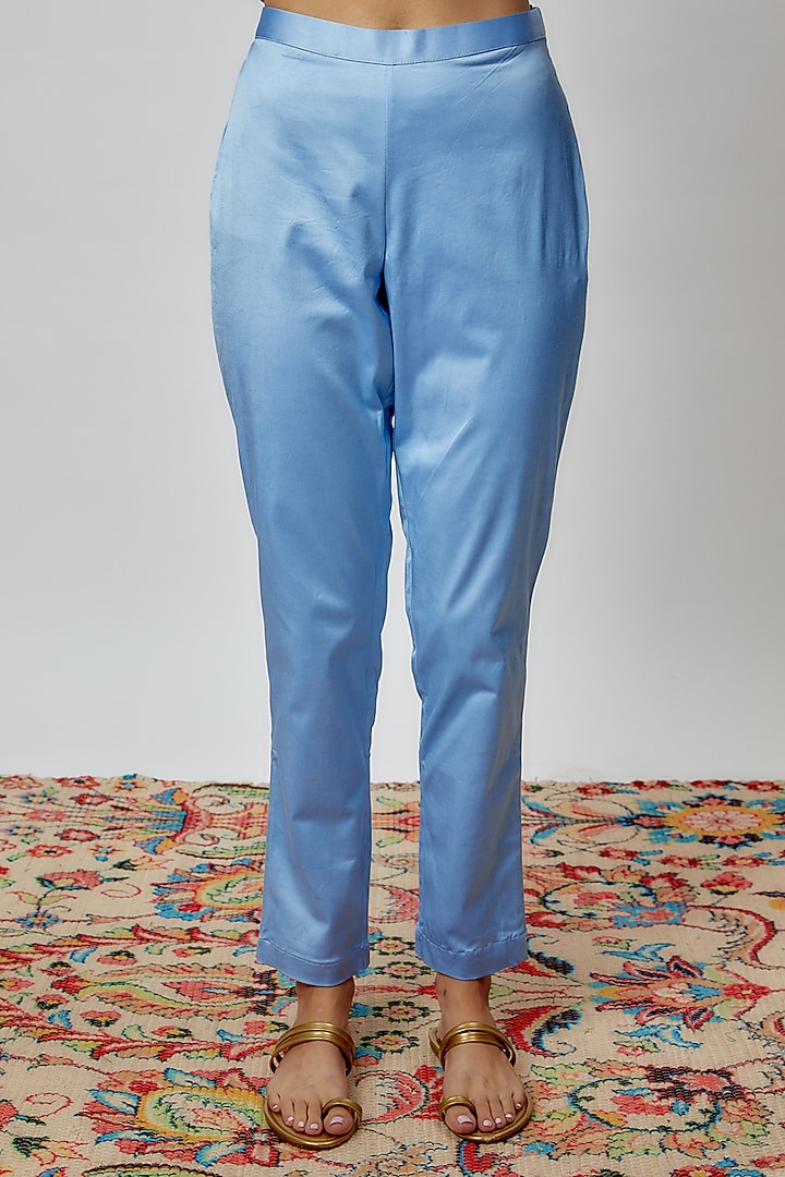 Blue Silk Floral Printed & Cutdana Embroidered Kurta Set by Prisha's at Pernia's Pop Up Shop
