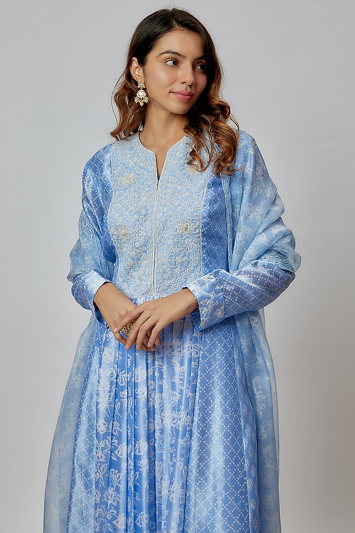 Blue Silk Floral Printed & Cutdana Embroidered Kurta Set by Prisha's at Pernia's Pop Up Shop