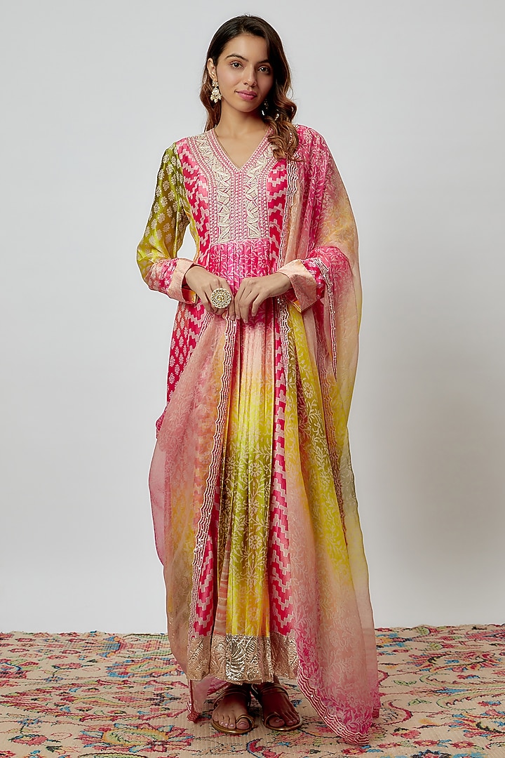 Multi-Colored Silk Floral Printed & Sequins Embroidered Kurta Set by Prisha's at Pernia's Pop Up Shop