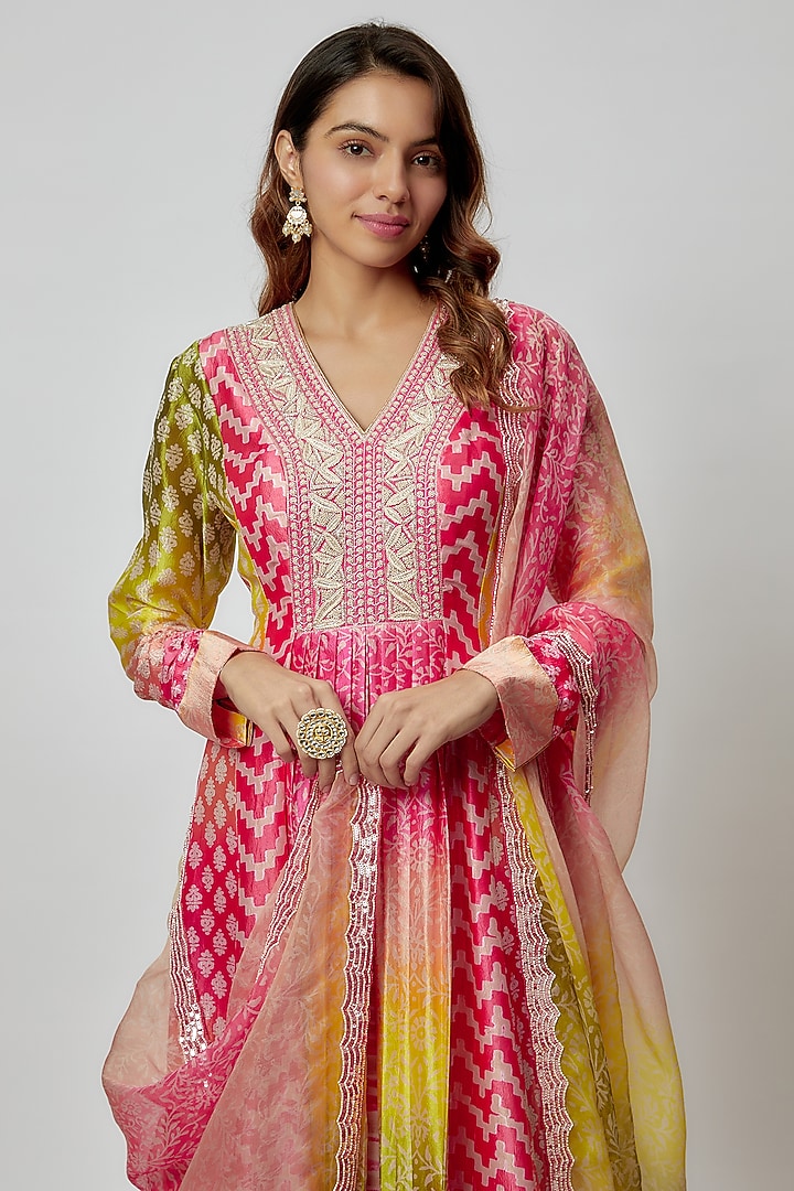 Multi-Colored Silk Floral Printed & Sequins Embroidered Kurta Set by Prisha's at Pernia's Pop Up Shop