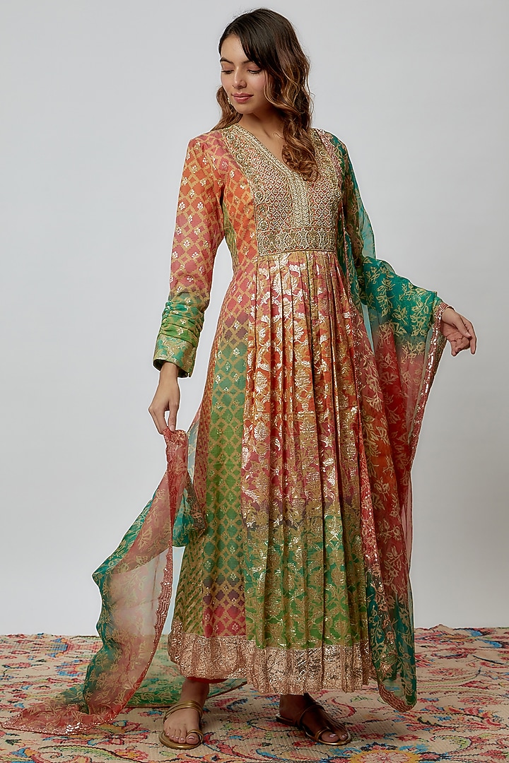 Multi-Colored Silk Floral Printed & Sequins Embroidered Anarkali Set by Prisha's at Pernia's Pop Up Shop