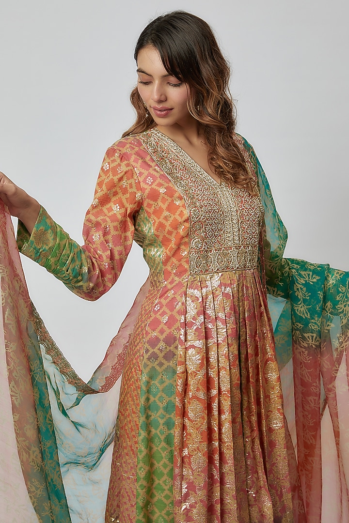 Multi-Colored Silk Floral Printed & Sequins Embroidered Anarkali Set by Prisha's at Pernia's Pop Up Shop