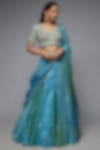 Blue Silk Geometric Printed Wedding Lehenga Set by Prisha's at Pernia's Pop Up Shop