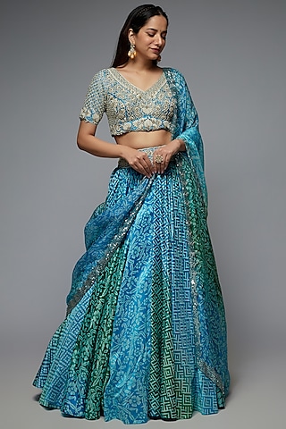 Blue Silk Geometric Printed Lehenga Set by Prisha's
