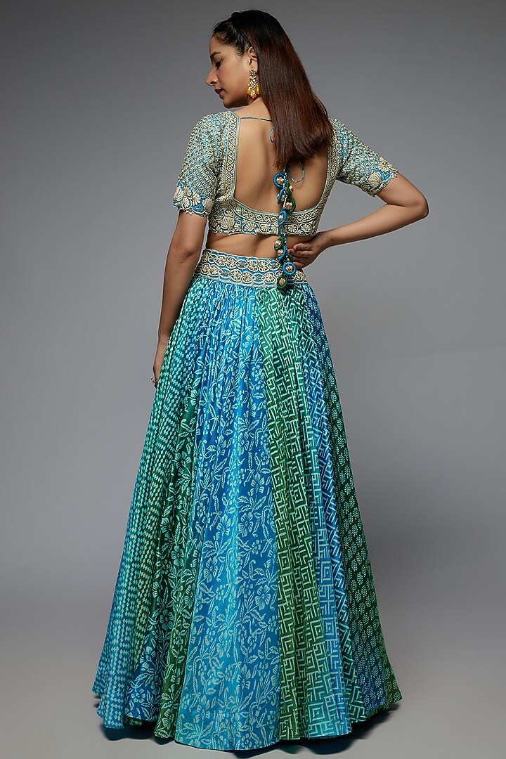 Blue Silk Geometric Printed Wedding Lehenga Set by Prisha's at Pernia's Pop Up Shop