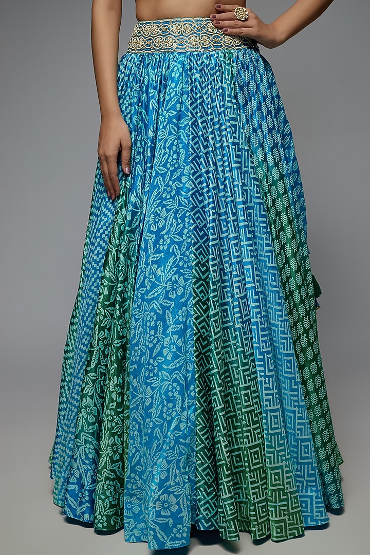 Blue Silk Geometric Printed Wedding Lehenga Set by Prisha's at Pernia's Pop Up Shop