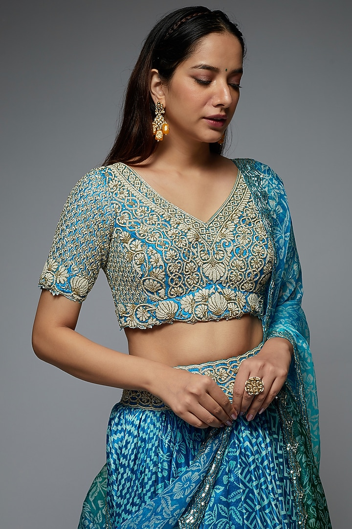 Blue Silk Geometric Printed Wedding Lehenga Set by Prisha's at Pernia's Pop Up Shop