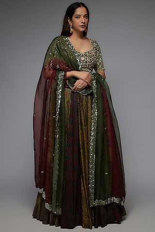 Olive Green Silk Ajrakh Printed Lehenga Set by Prisha's