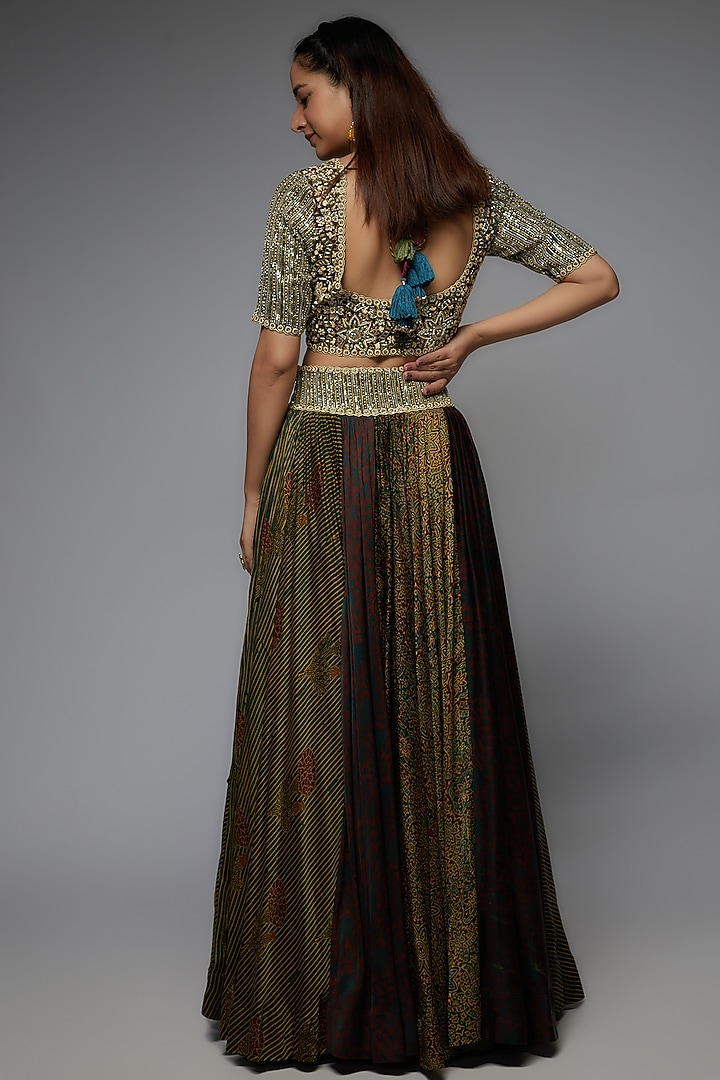 Olive Green Silk Ajrakh Printed Wedding Lehenga Set by Prisha's at Pernia's Pop Up Shop