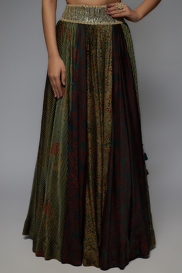 Olive Green Silk Ajrakh Printed Wedding Lehenga Set by Prisha's at Pernia's Pop Up Shop