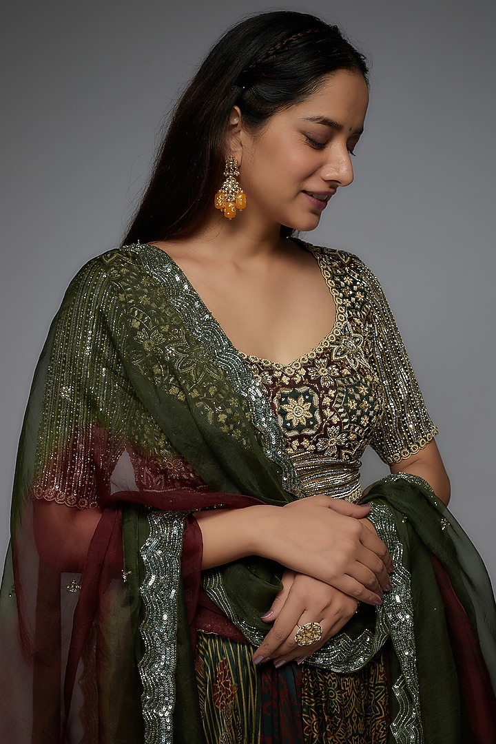 Olive Green Silk Ajrakh Printed Wedding Lehenga Set by Prisha's at Pernia's Pop Up Shop