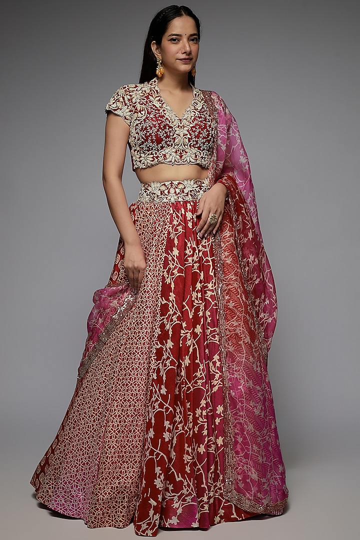 Pink Silk Ajrakh Printed Wedding Lehenga Set by Prisha's at Pernia's Pop Up Shop