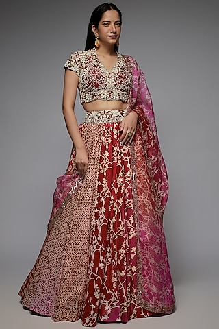 Pink Silk Ajrakh Printed Lehenga Set by Prisha's