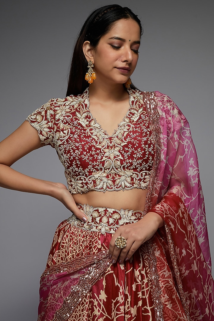 Pink Silk Ajrakh Printed Wedding Lehenga Set by Prisha's at Pernia's Pop Up Shop