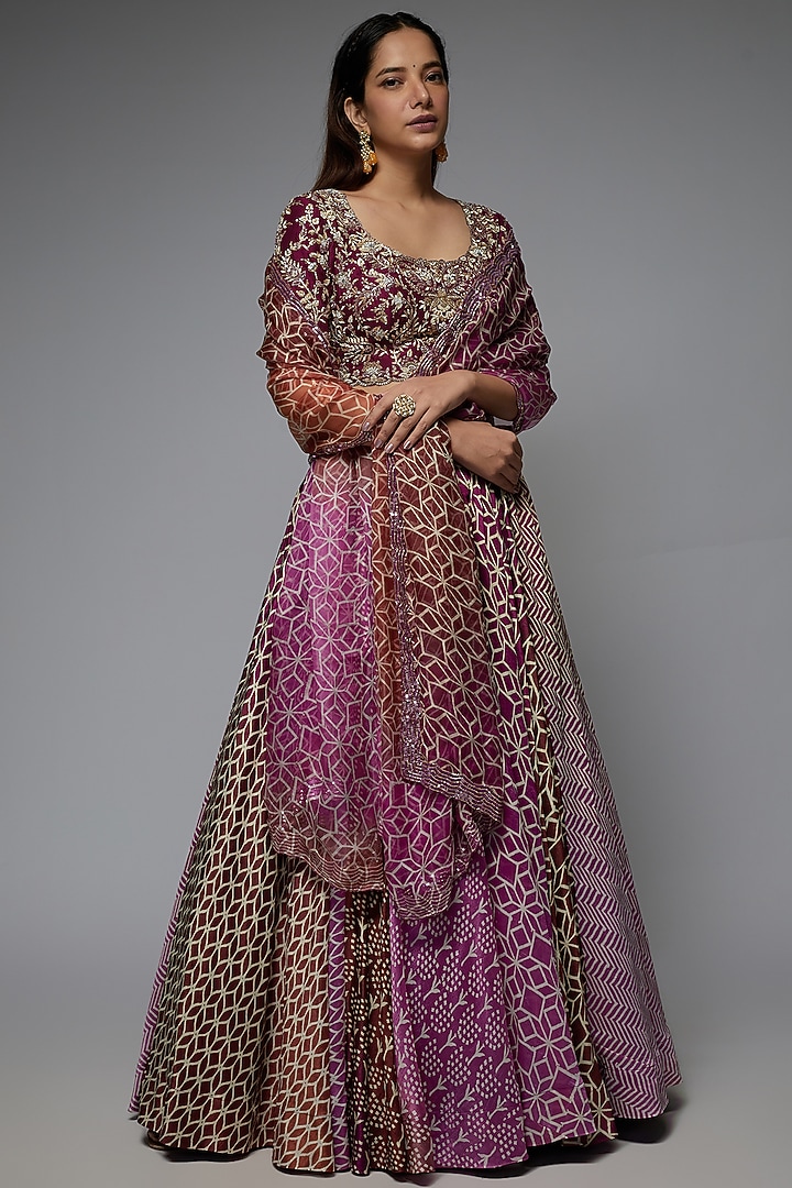 Purple Silk Geometric Printed Wedding Lehenga Set by Prisha's at Pernia's Pop Up Shop