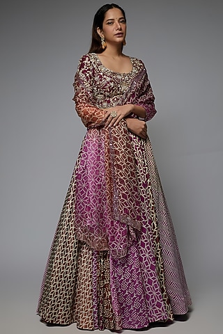 Purple Silk Geometric Printed Lehenga Set by Prisha's