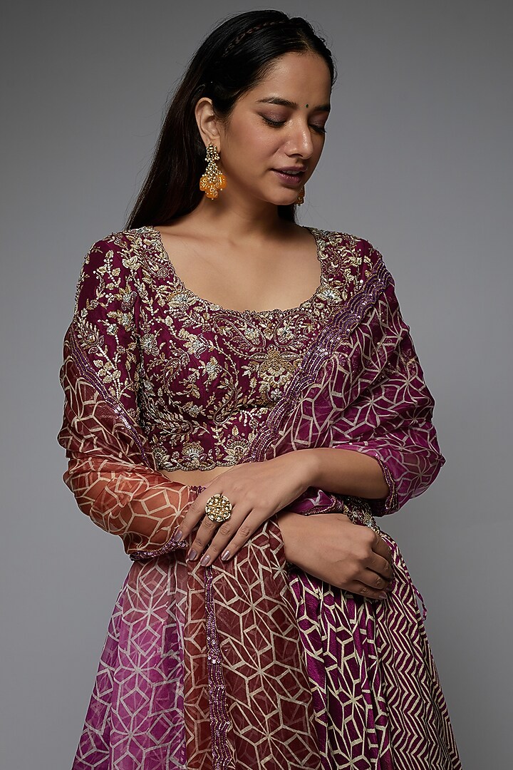 Purple Silk Geometric Printed Wedding Lehenga Set by Prisha's at Pernia's Pop Up Shop