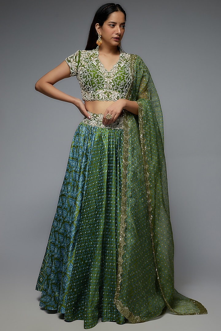 Green Silk Printed Wedding Lehenga Set by Prisha's at Pernia's Pop Up Shop