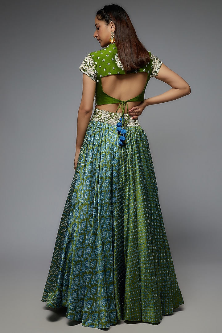 Green Silk Printed Wedding Lehenga Set by Prisha's at Pernia's Pop Up Shop