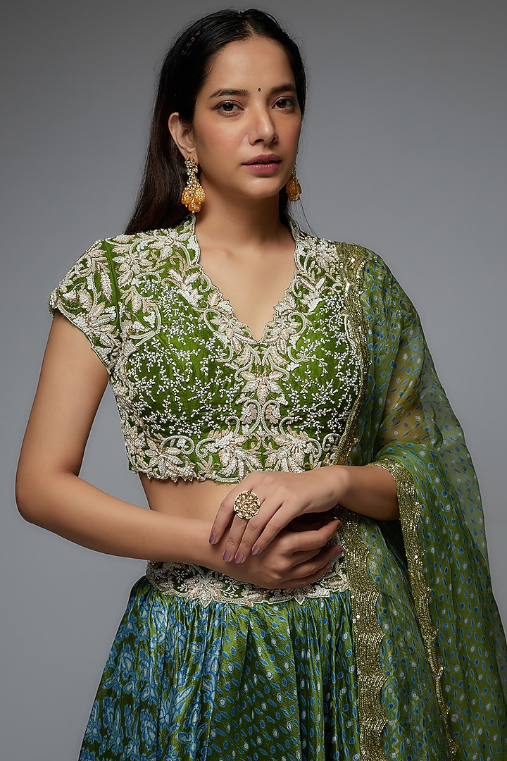 Green Silk Printed Wedding Lehenga Set by Prisha's at Pernia's Pop Up Shop