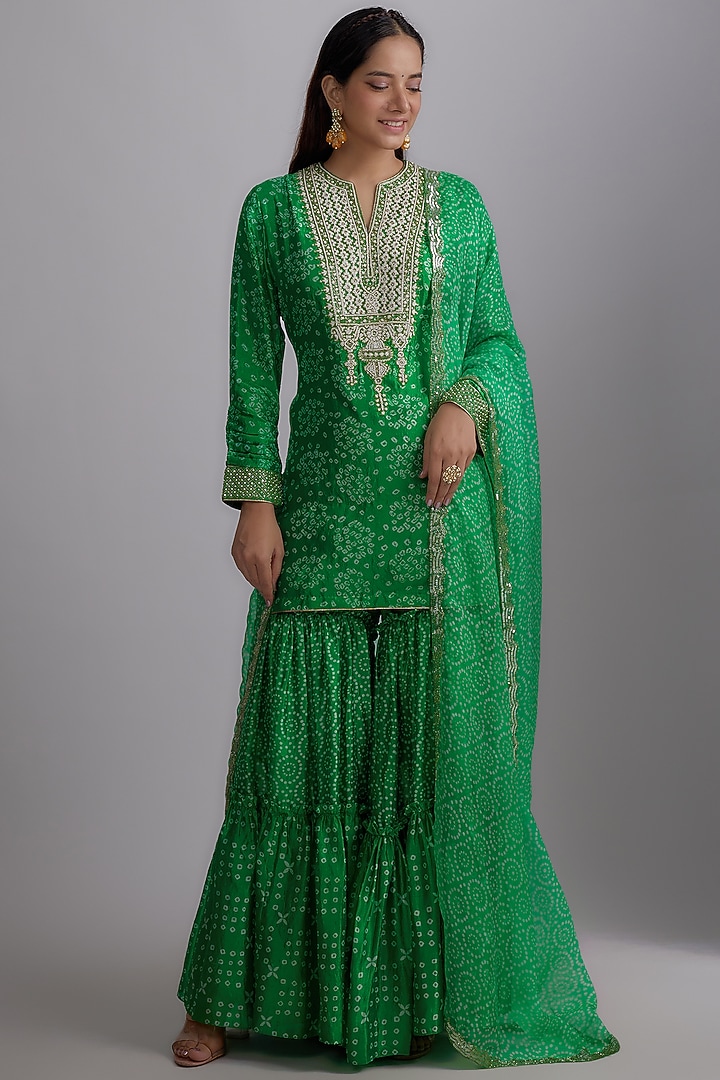 Green Silk Printed Gharara Set by Prisha's at Pernia's Pop Up Shop