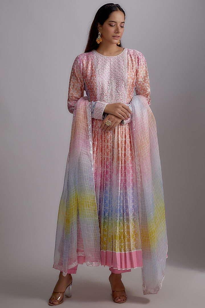 Multi-Colored Silk Floral Printed & Hand Embroidered Kurta Set by Prisha's at Pernia's Pop Up Shop