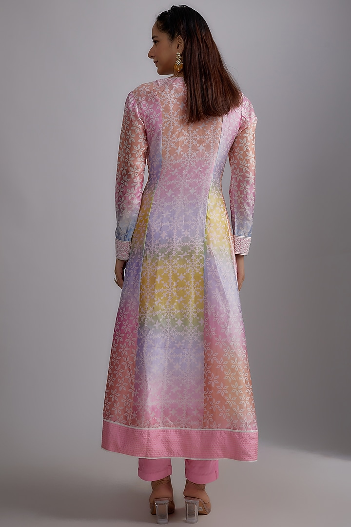Multi-Colored Silk Floral Printed & Hand Embroidered Kurta Set by Prisha's at Pernia's Pop Up Shop