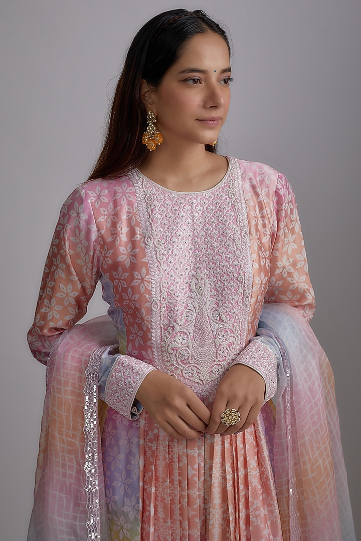 Multi-Colored Silk Floral Printed & Hand Embroidered Kurta Set by Prisha's at Pernia's Pop Up Shop