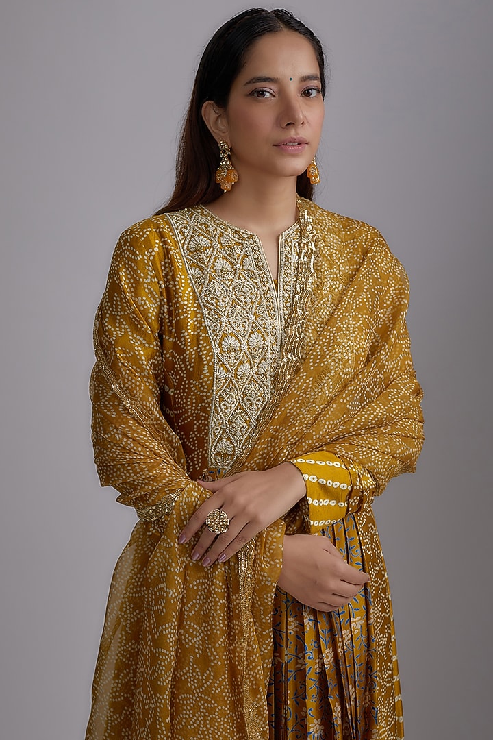 Caramel Silk Bandhani Printed & Hand Embroidered Kurta Set by Prisha's at Pernia's Pop Up Shop