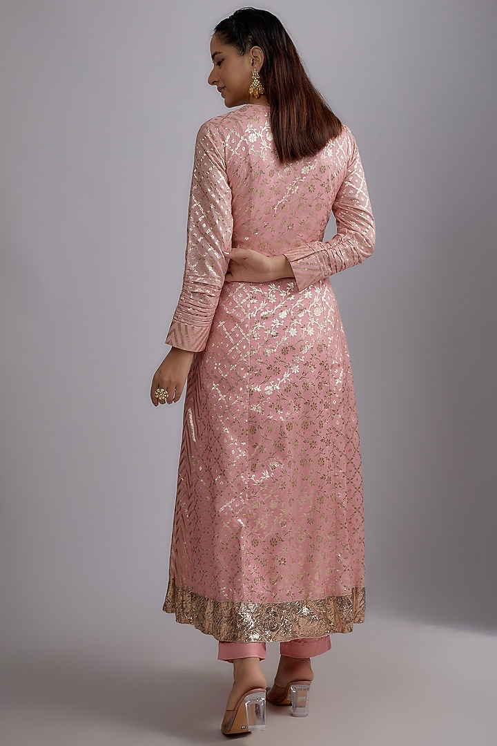 Pink Silk Floral Printed & Hand Embroidered Kurta Set by Prisha's at Pernia's Pop Up Shop