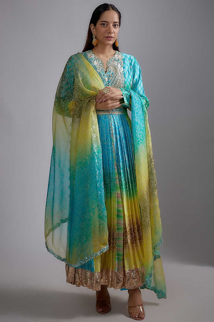 Multi-Colored Silk Floral Printed & Hand Embroidered Kurta Set by Prisha's at Pernia's Pop Up Shop