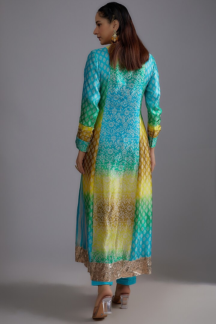 Multi-Colored Silk Floral Printed & Hand Embroidered Kurta Set by Prisha's at Pernia's Pop Up Shop
