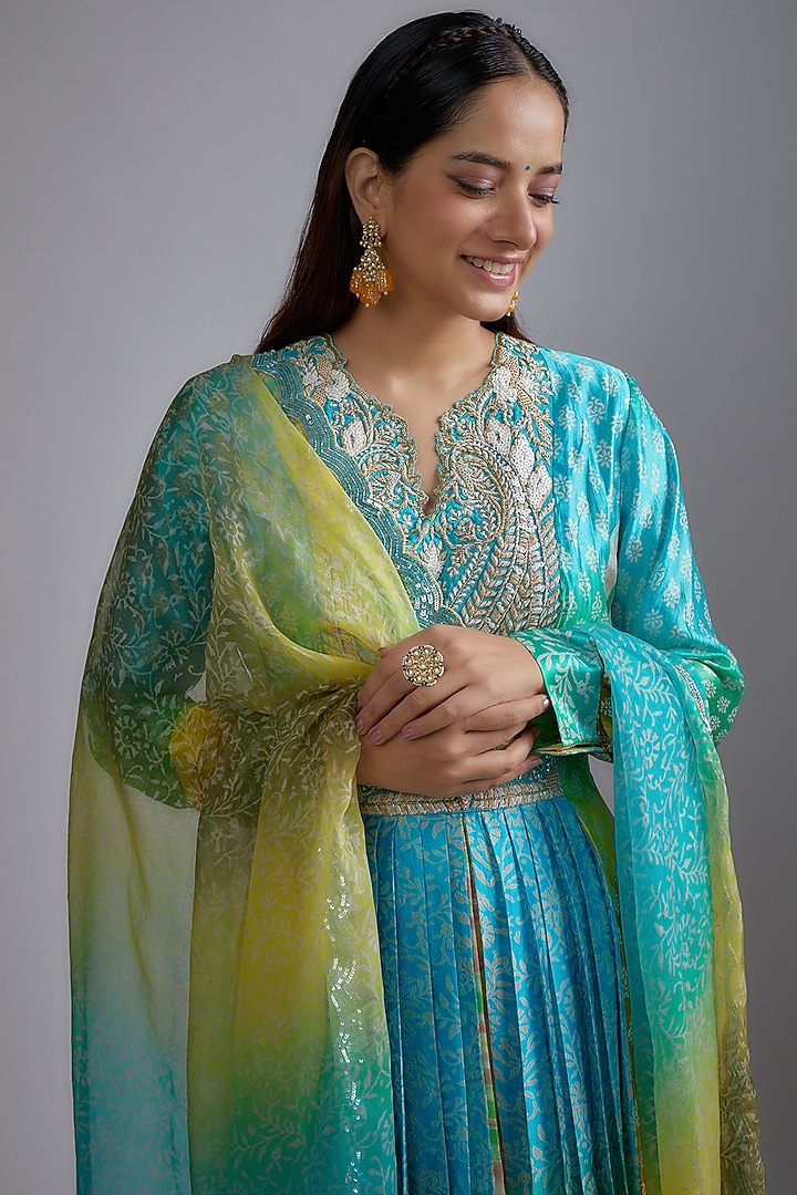 Multi-Colored Silk Floral Printed & Hand Embroidered Kurta Set by Prisha's at Pernia's Pop Up Shop