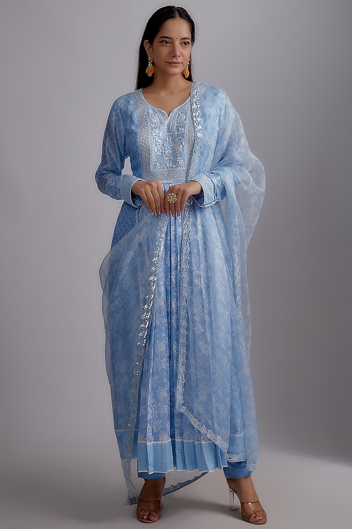Blue Silk Floral Printed & Hand Embroidered Kurta Set by Prisha's at Pernia's Pop Up Shop