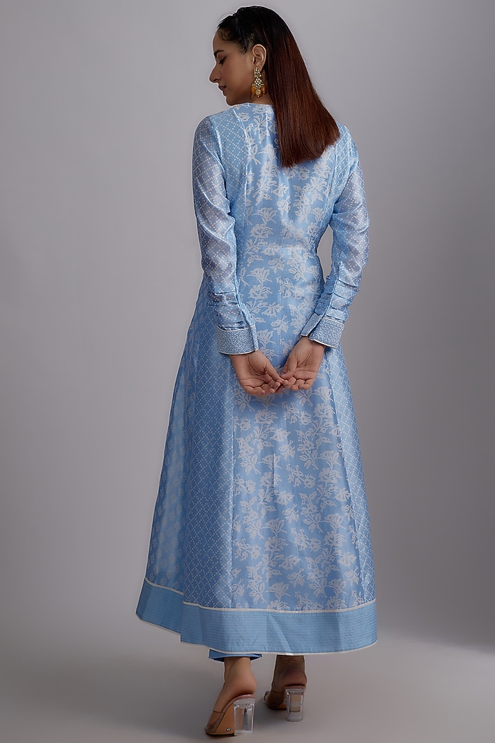 Blue Silk Floral Printed & Hand Embroidered Kurta Set by Prisha's at Pernia's Pop Up Shop