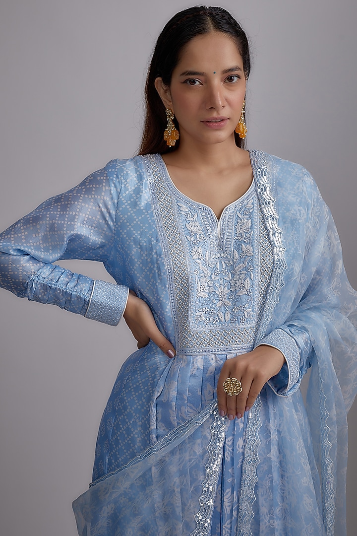 Blue Silk Floral Printed & Hand Embroidered Kurta Set by Prisha's at Pernia's Pop Up Shop