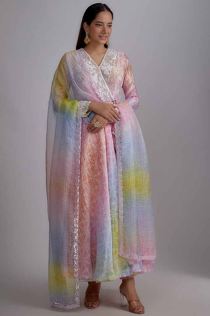 Multi-Colored Silk Floral Printed & Hand Embroidered Kurta Set by Prisha's at Pernia's Pop Up Shop