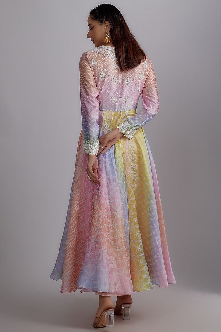 Multi-Colored Silk Floral Printed & Hand Embroidered Kurta Set by Prisha's at Pernia's Pop Up Shop