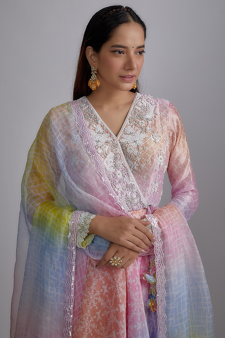 Multi-Colored Silk Floral Printed & Hand Embroidered Kurta Set by Prisha's at Pernia's Pop Up Shop