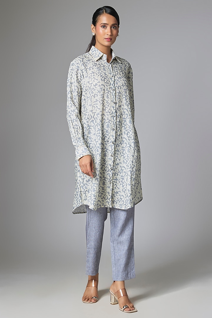 Off-White & Grey Linen Printed Co-Ord Set by Prisha's at Pernia's Pop Up Shop