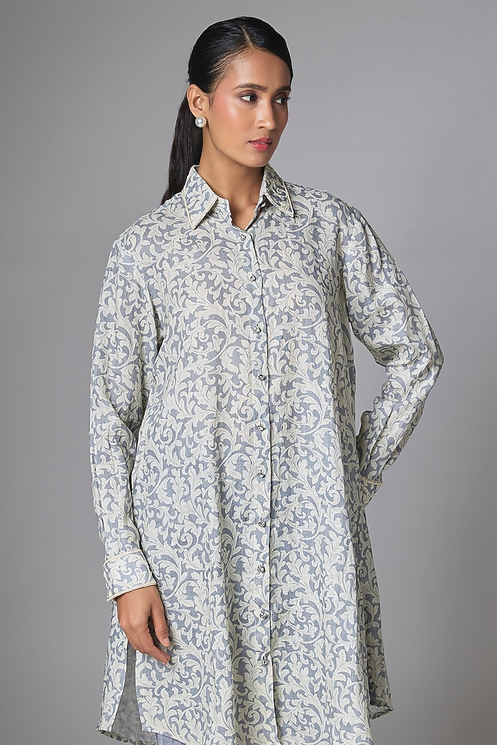 Off-White & Grey Linen Printed Co-Ord Set by Prisha's at Pernia's Pop Up Shop