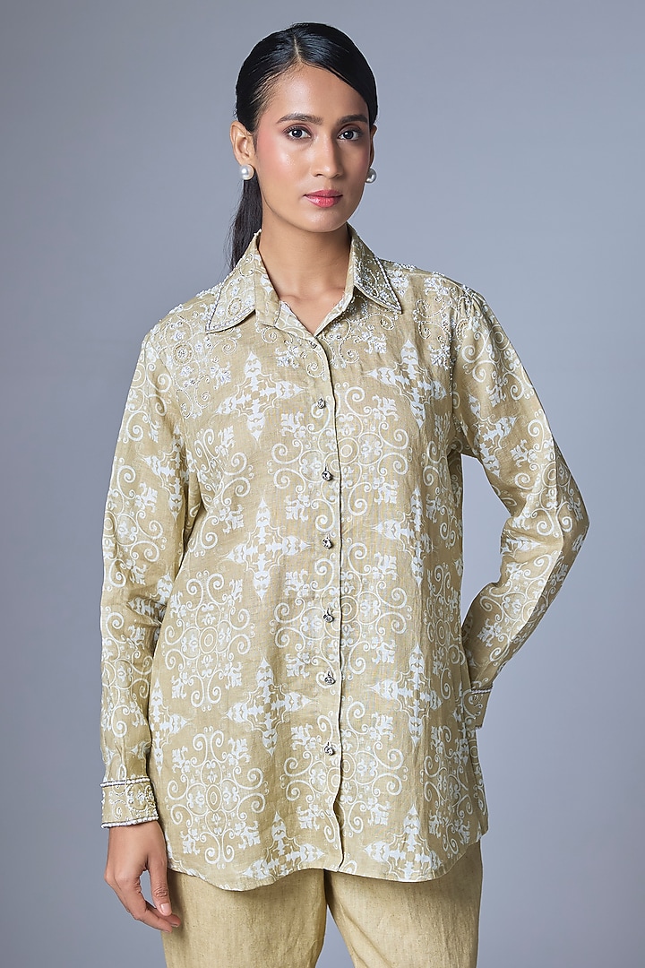 Beige & Off-White Linen Jaal Printed Shirt by Prisha's at Pernia's Pop Up Shop
