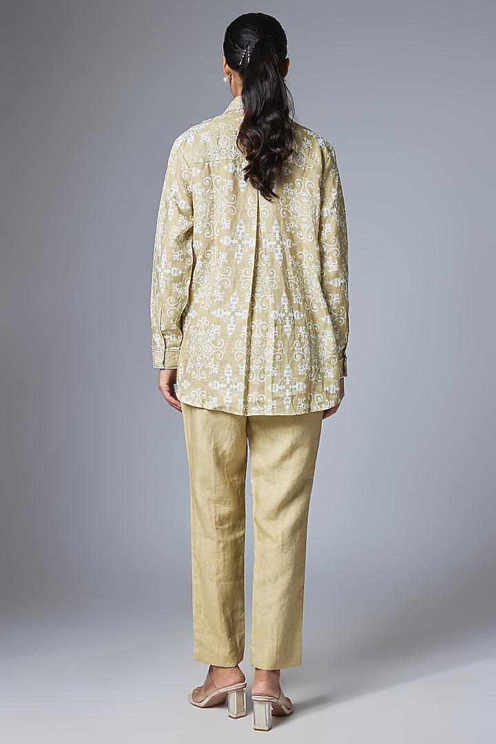Beige & Off-White Linen Jaal Printed Shirt by Prisha's at Pernia's Pop Up Shop