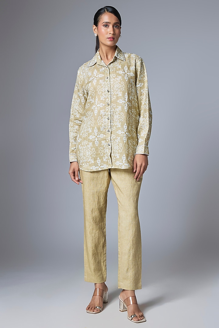 Beige & Off-White Linen Jaal Printed Shirt by Prisha's at Pernia's Pop Up Shop